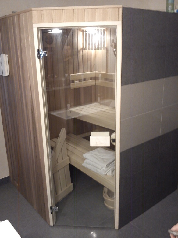 Finská sauna s obloženou stěnou ke sprchovému koutu