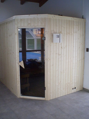 Výroba sauny na míru materiál severský smrk rohové provedení